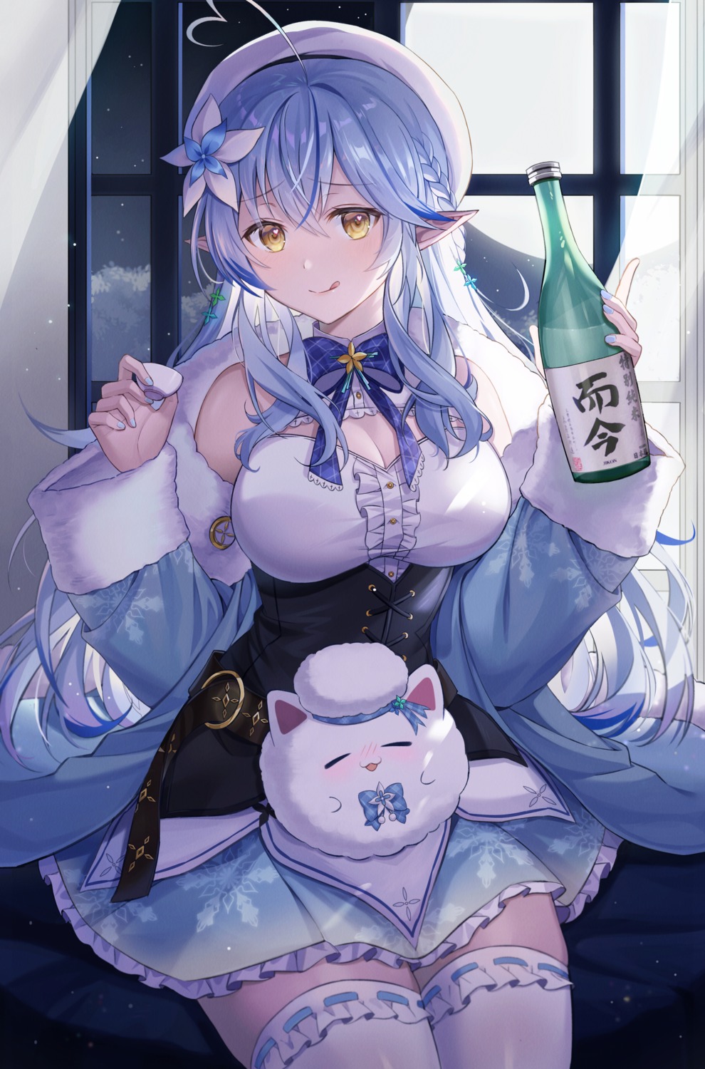 cleavage, crossover, elf, gochuumon_wa_usagi_desu_ka?, hololive, mona_(mopinapiki), mopinapiki, pointy_ears, sake, thighhighs, tippy_(gochiusa), yukihana_lamy