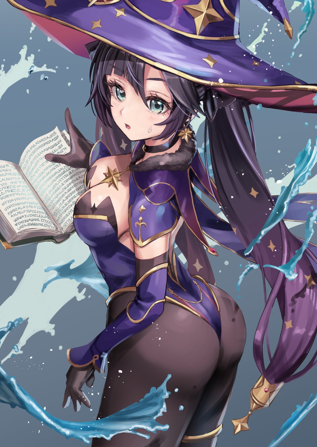 ass, garter, genshin_impact, leotard, mona_megistus, pantyhose, pizzasi, witch