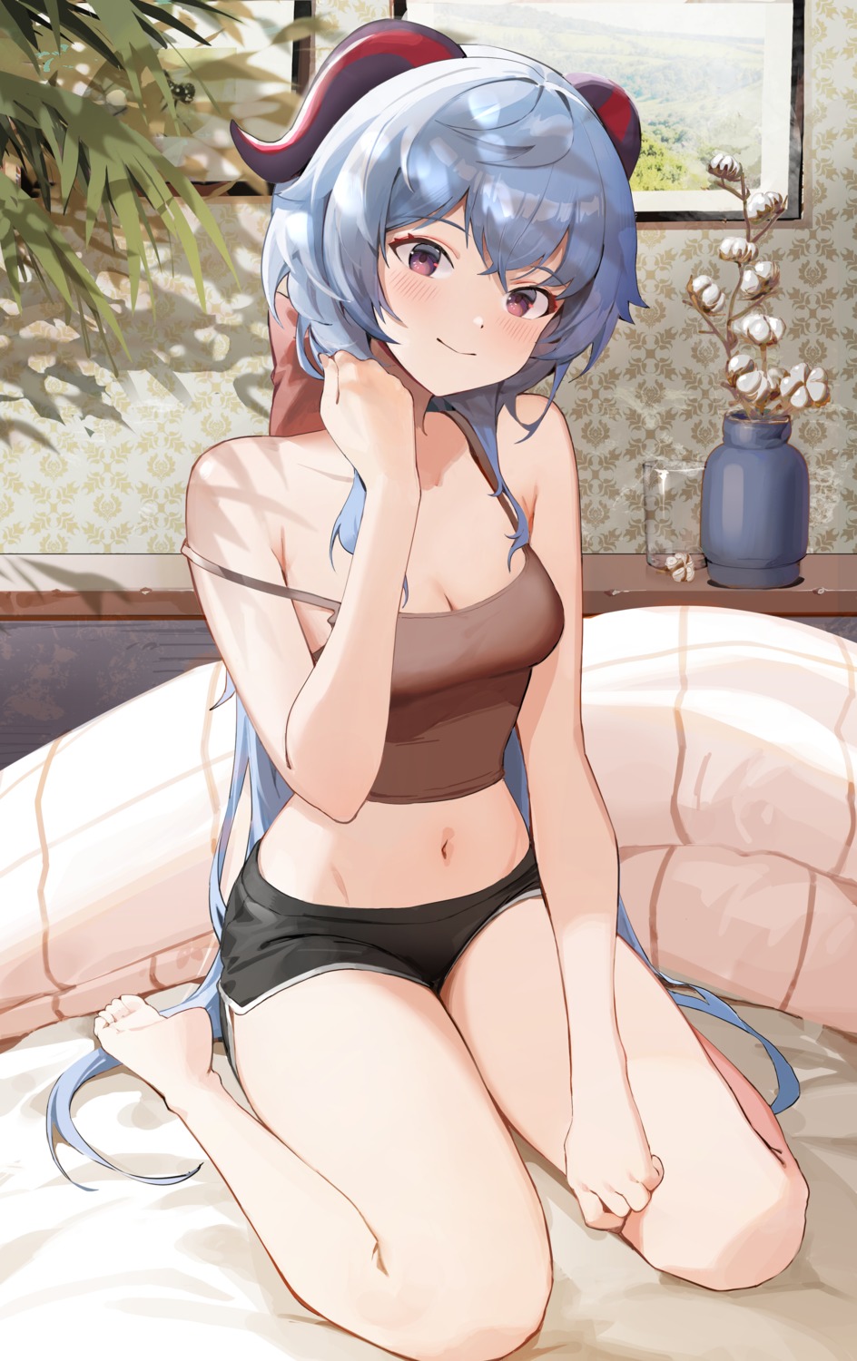 artist_revision, cleavage, ganyu, genshin_impact, horns, kawa683, no_bra