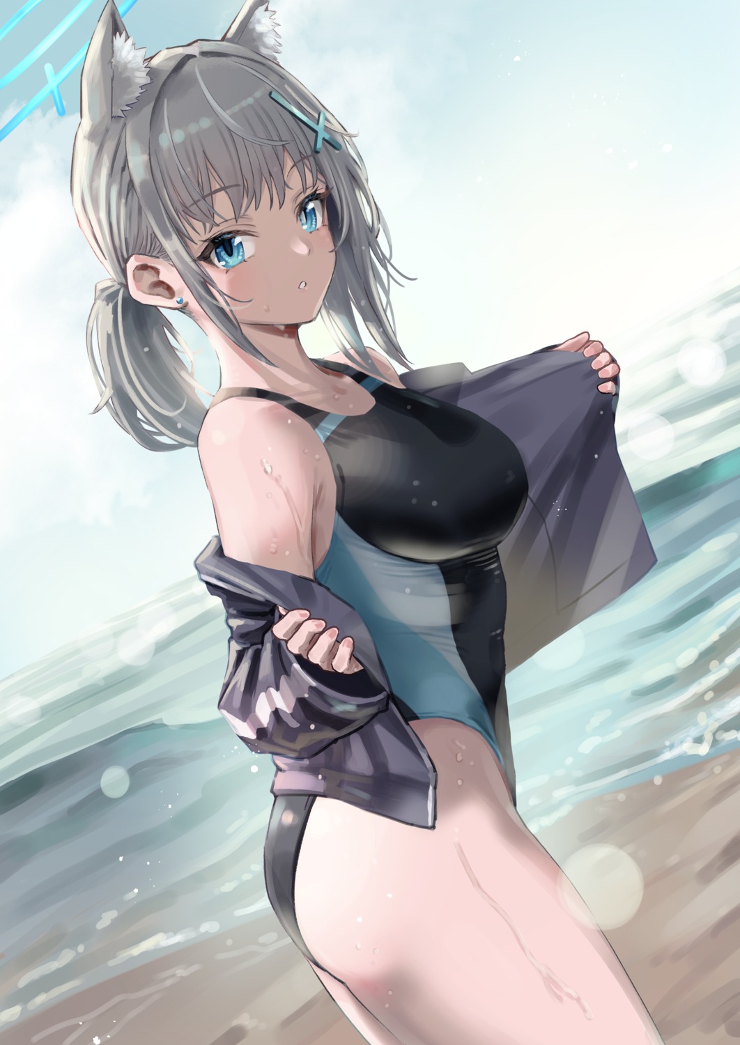 animal_ears, blue_archive, halo, nekomimi, pizzasi, sunaookami_shiroko, swimsuits, undressing