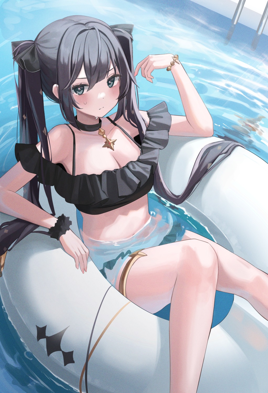 bikini, cleavage, garter, genshin_impact, mona_megistus, riko_(rik0ring), swimsuits, wet