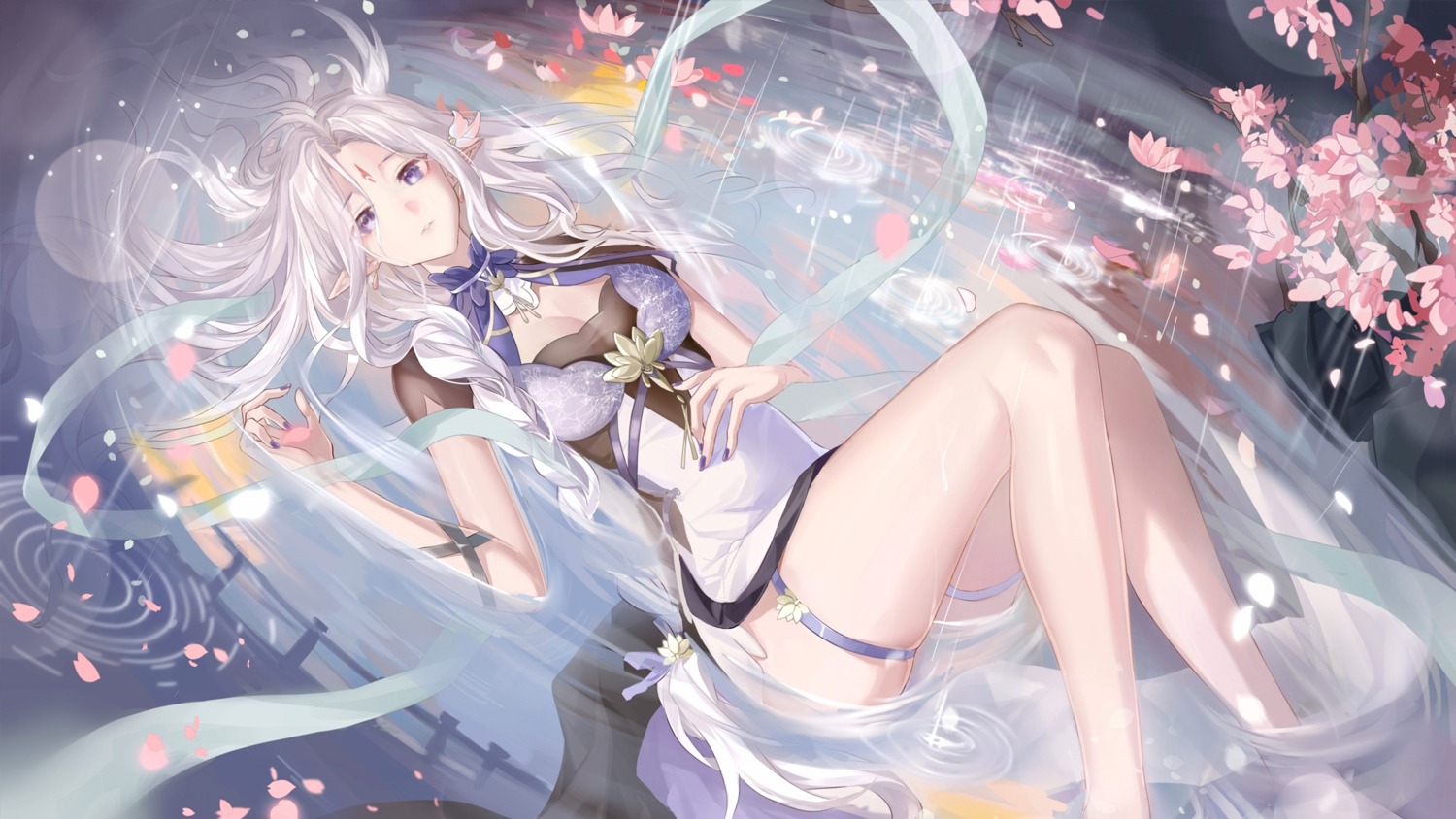chinadress, garter, horns, pointy_ears, wallpaper, wet, zuo600