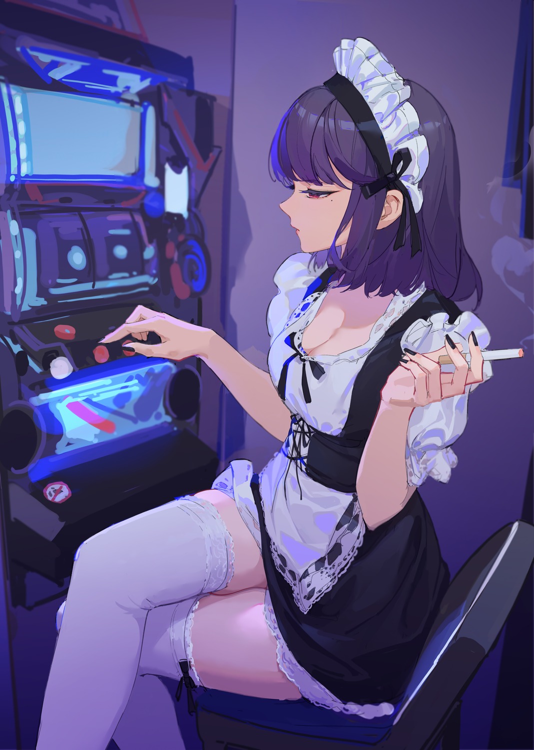 cleavage, lance_(lancelliu), maid, smoking, thighhighs