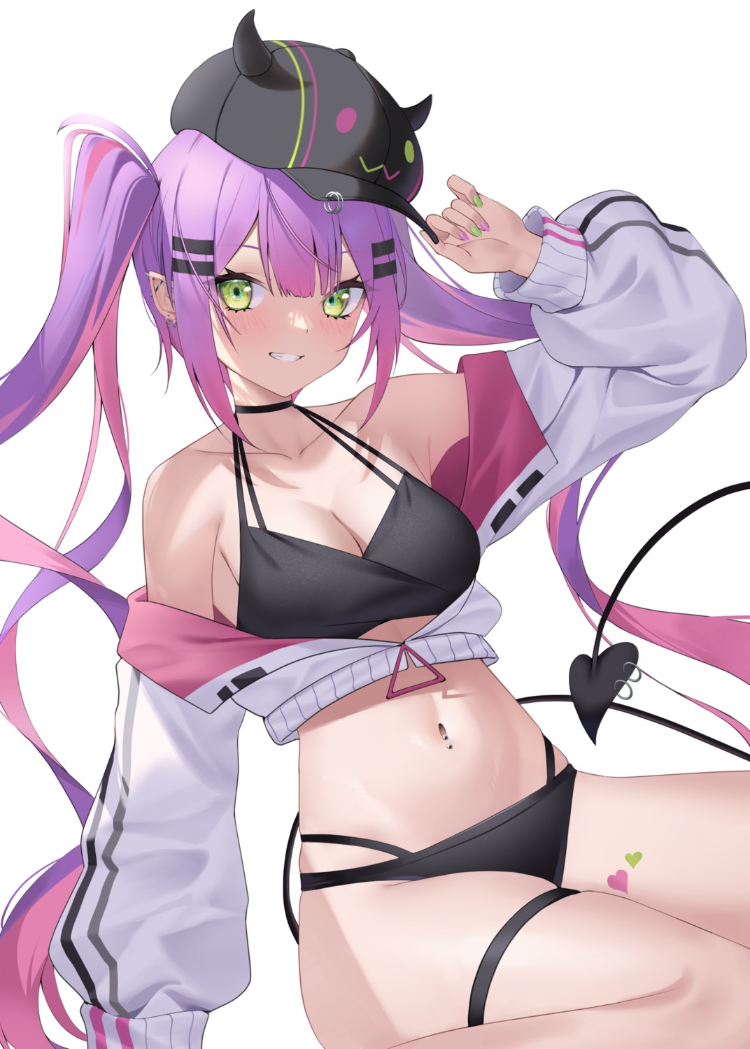 bikini, garter, hololive, jmao, open_shirt, pointy_ears, swimsuits, tail, tattoo, tokoyami_towa