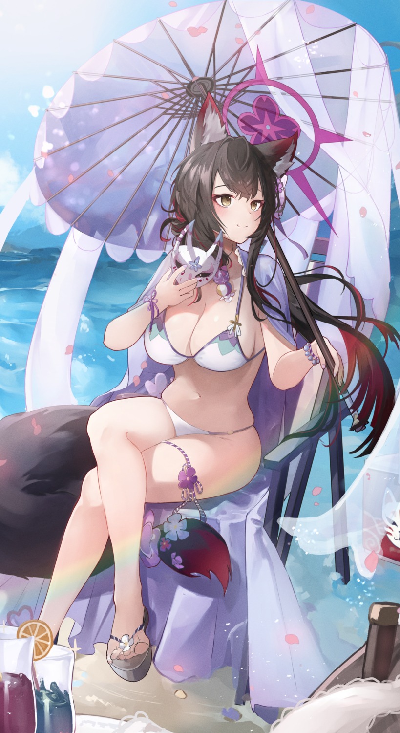 animal_ears, bikini, blue_archive, garter, halo, japanese_clothes, kitsune, kosaka_wakamo, megu_(pixiv9460065), swimsuits, tail, umbrella