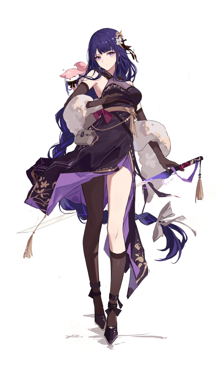genshin_impact, japanese_clothes, no_bra, raiden_shogun, see_through, sketch, sword, yajuu
