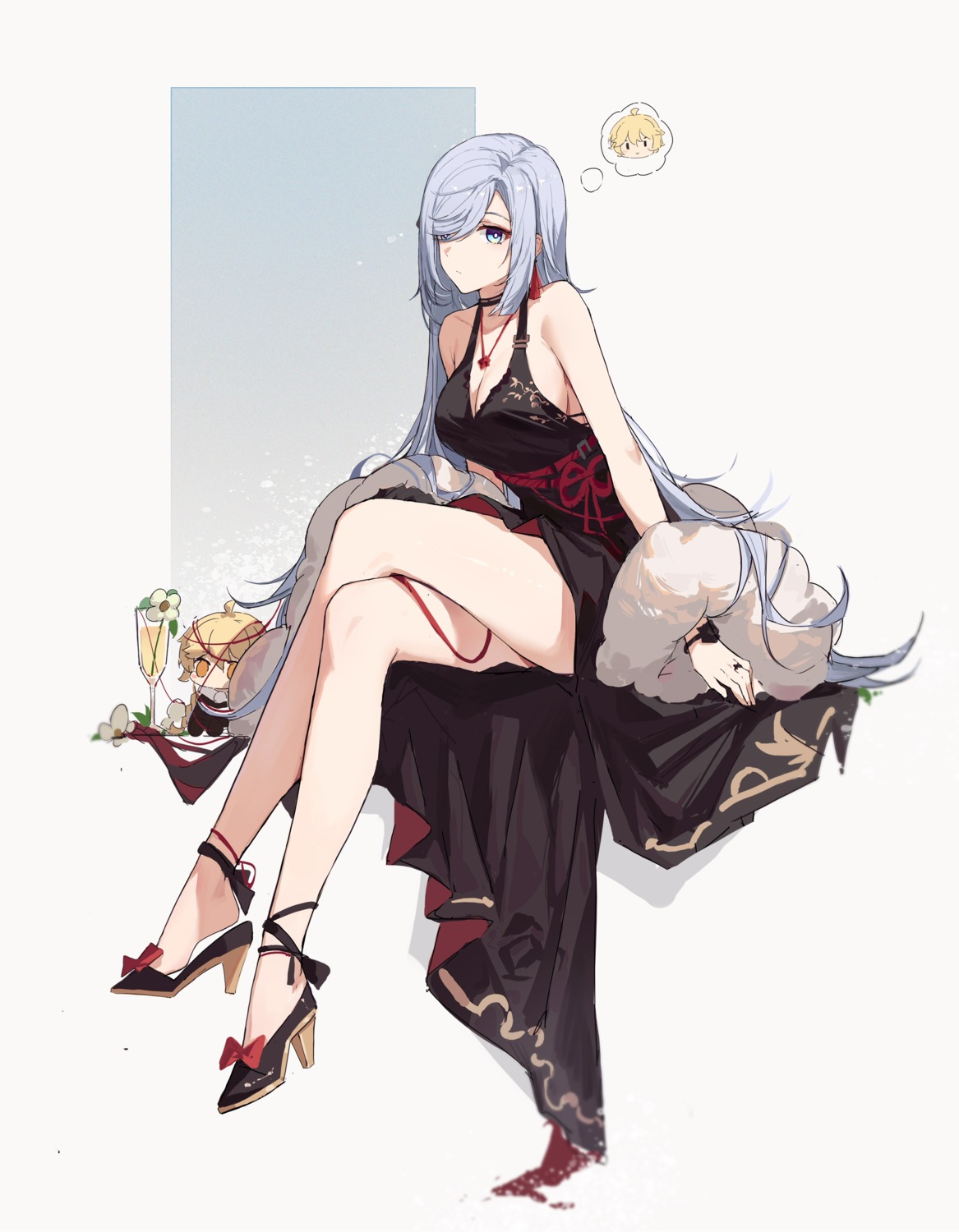 chibi, cleavage, dress, genshin_impact, heels, no_bra, shenhe, sketch
