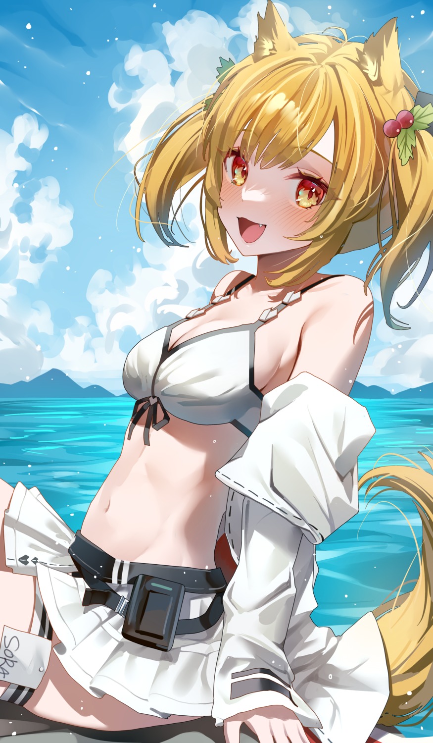 animal_ears, arknights, bikini, cleavage, garter, ningen_mame, open_shirt, sora_(arknights)