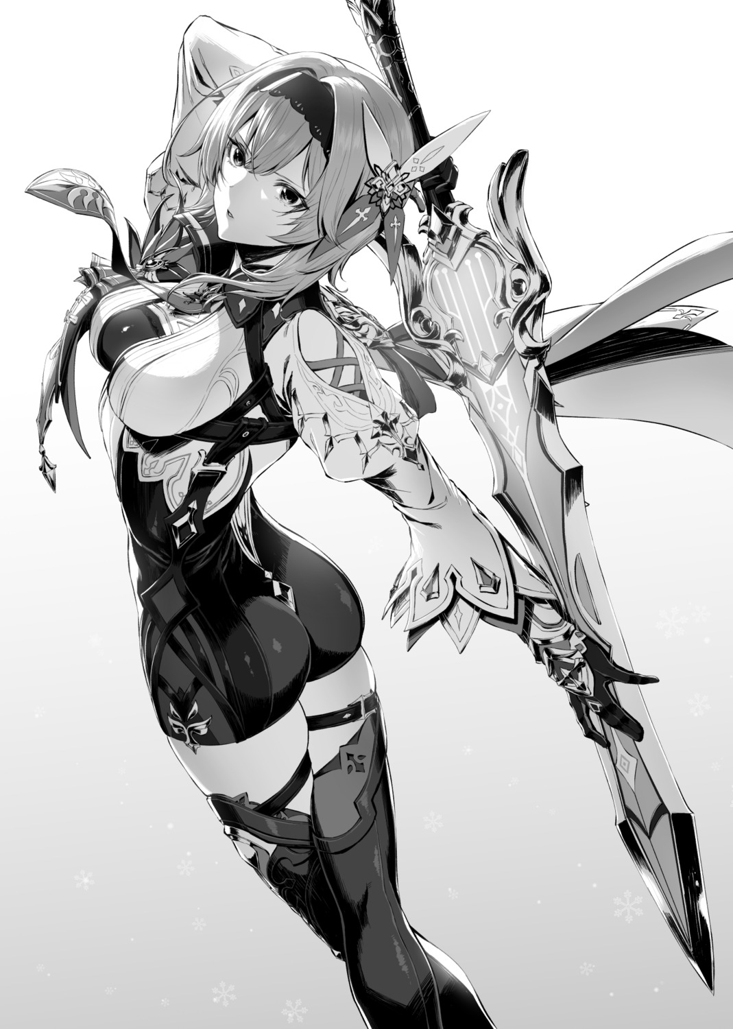 ass, eula, garter, genshin_impact, monochrome, mugetsu, sword, thighhighs