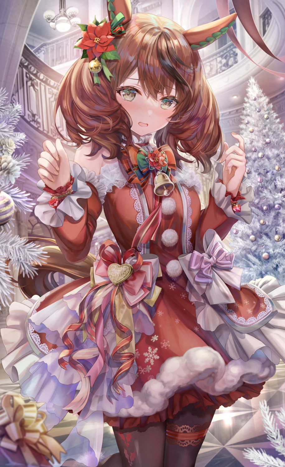 animal_ears, christmas, dress, garter, nice_nature_(umamusume), pantyhose, tail, torino_akua, uma_musume_pretty_derby