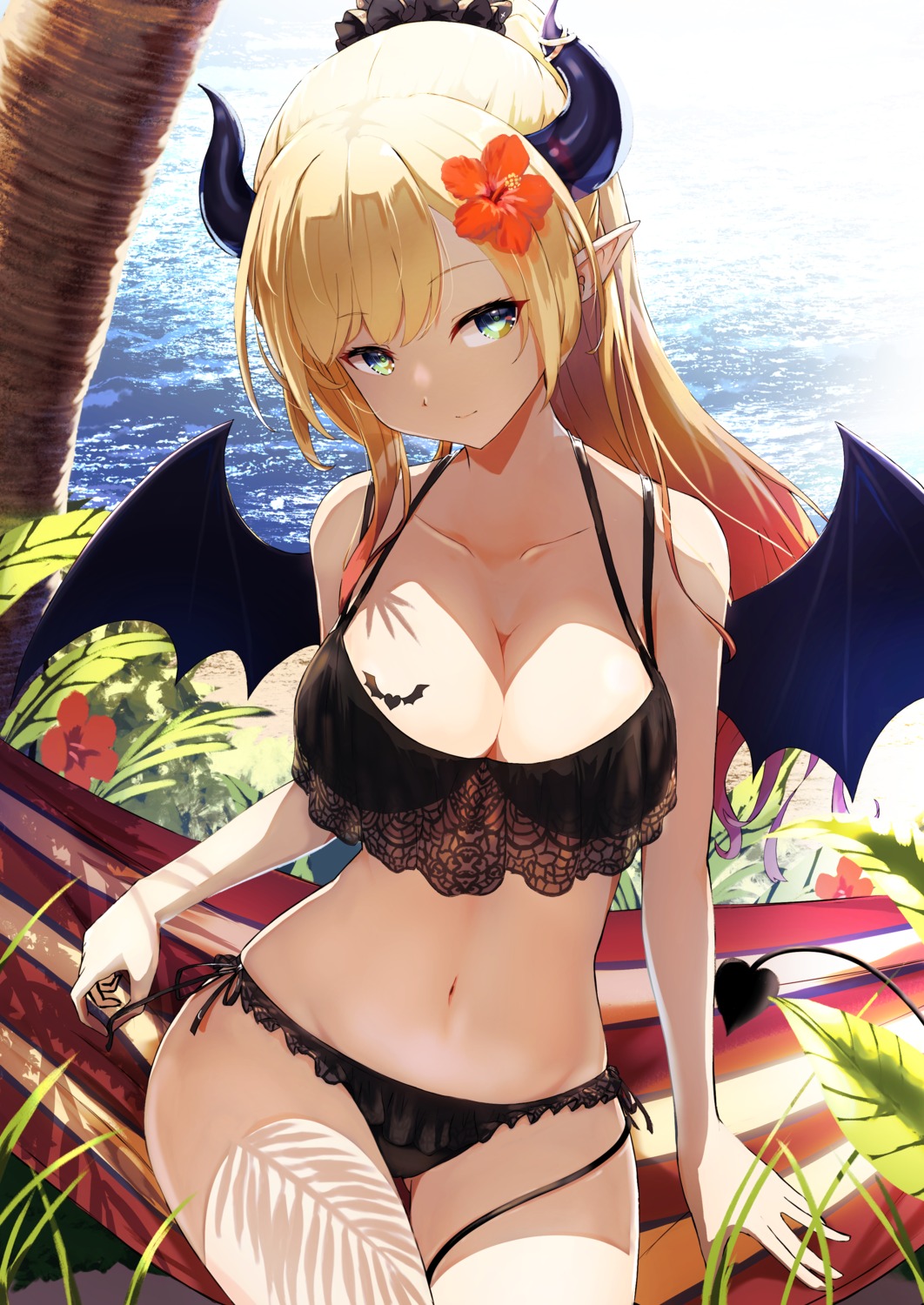 bikini, hololive, horns, namacotan, pointy_ears, swimsuits, wings, yuzuki_choco