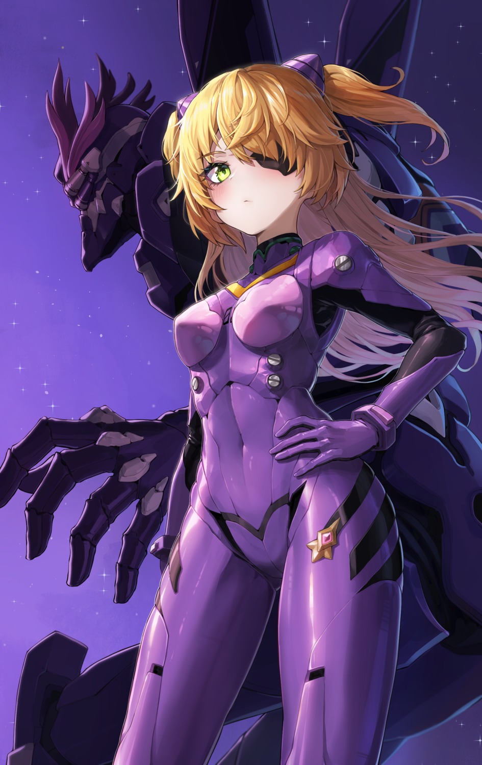 bodysuit, cosplay, eyepatch, fischl, genshin_impact, kokukyukeo, neon_genesis_evangelion, souryuu_asuka_langley