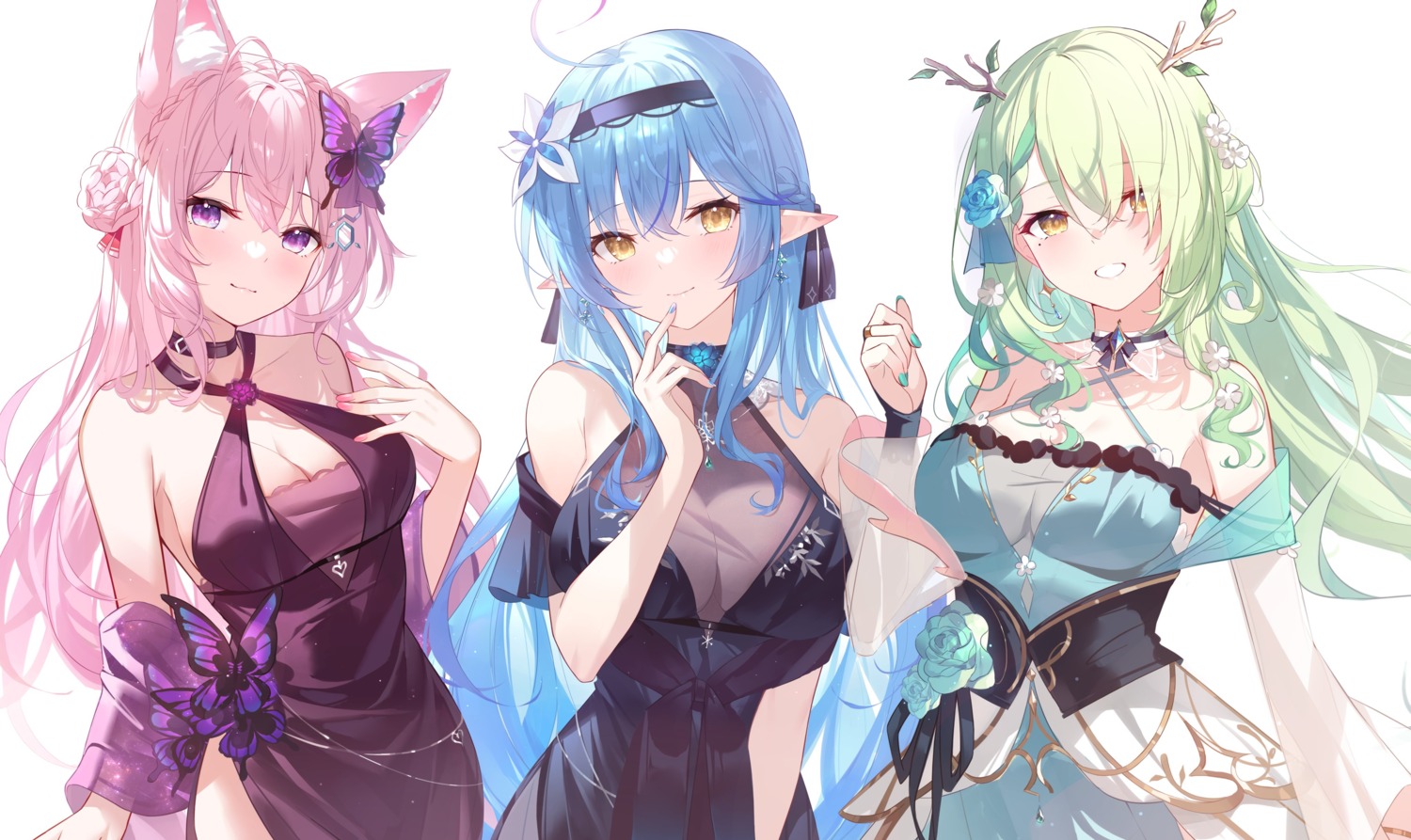 animal_ears, black_fire, ceres_fauna, cleavage, dress, elf, hakui_koyori, hololive