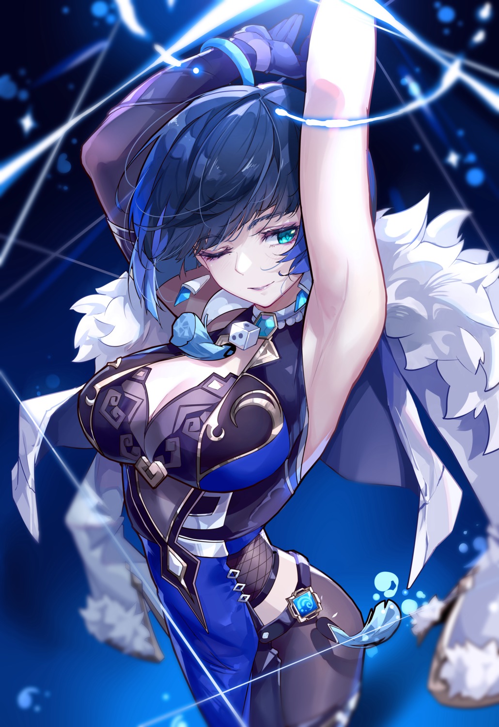 cleavage, genshin_impact, no_bra, yelan, zomzomzomsauce