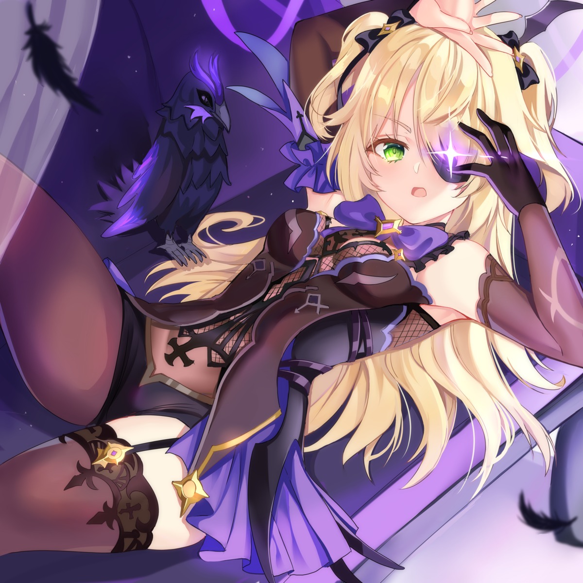 eyepatch, fischl, fishnets, genshin_impact, oz_(genshin_impact), see_through, stockings, thighhighs