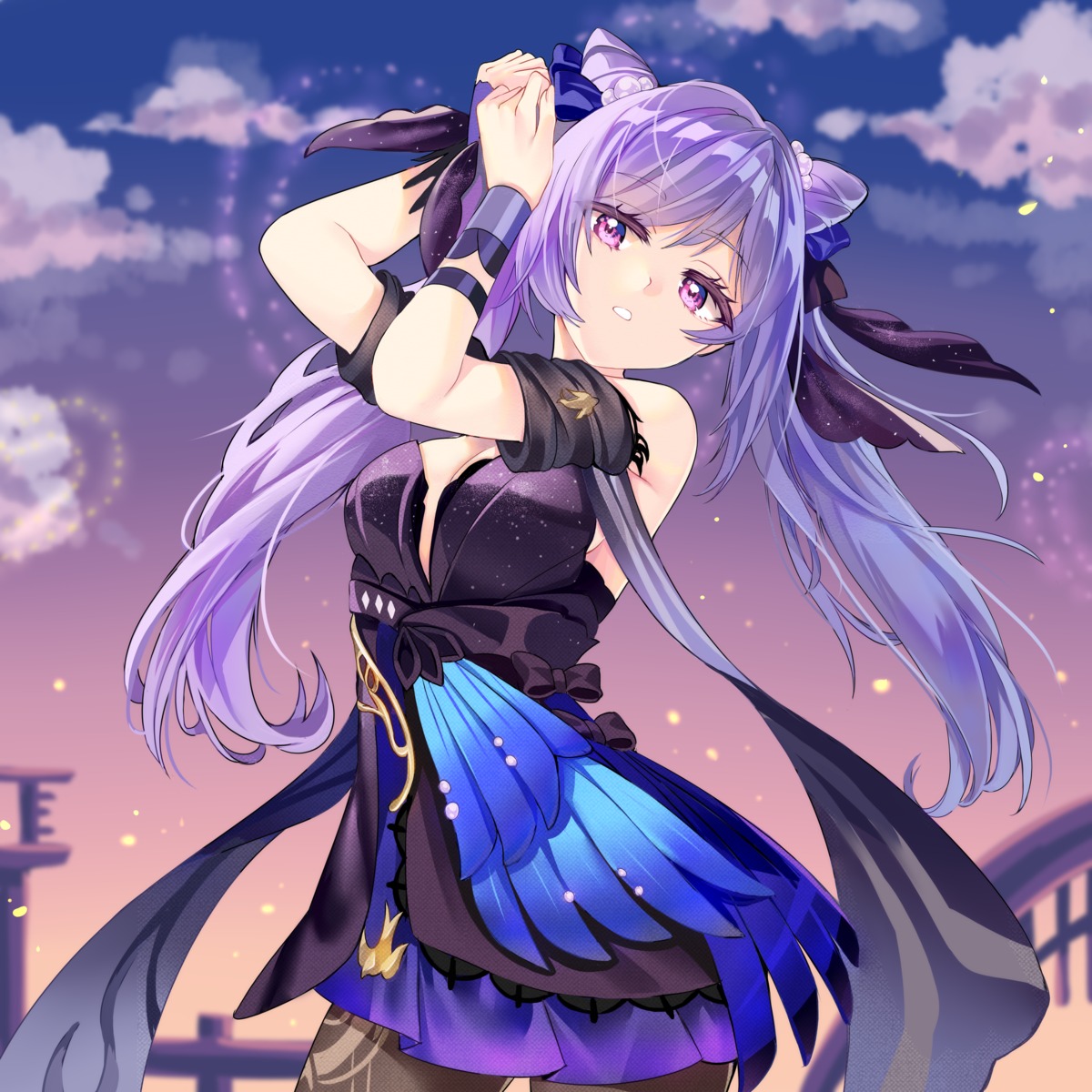 dress, genshin_impact, keqing, no_bra, pantyhose, yaya_chan