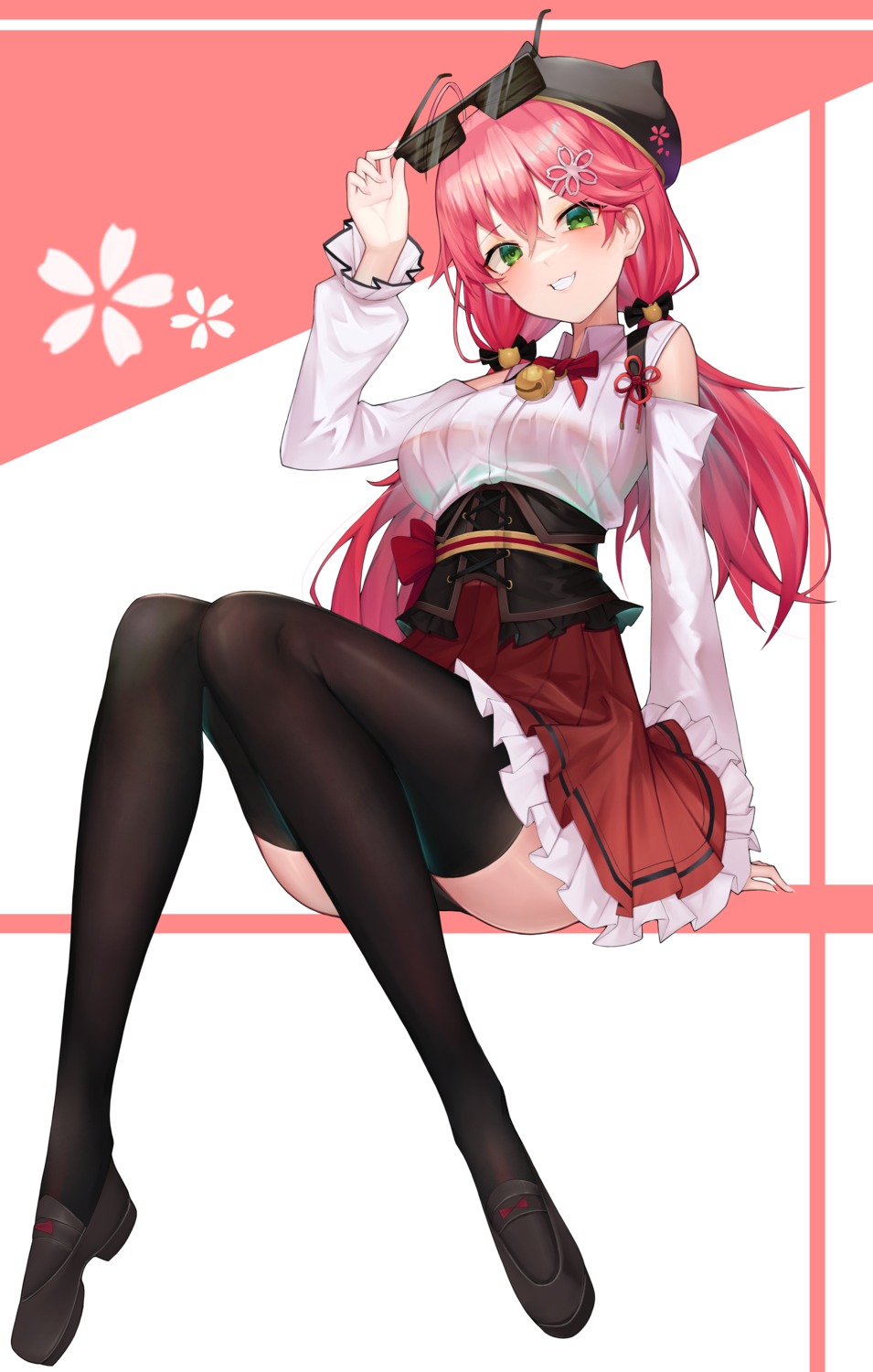 aoria, hololive, megane, pantsu, sakura_miko, seifuku, skirt_lift, thighhighs