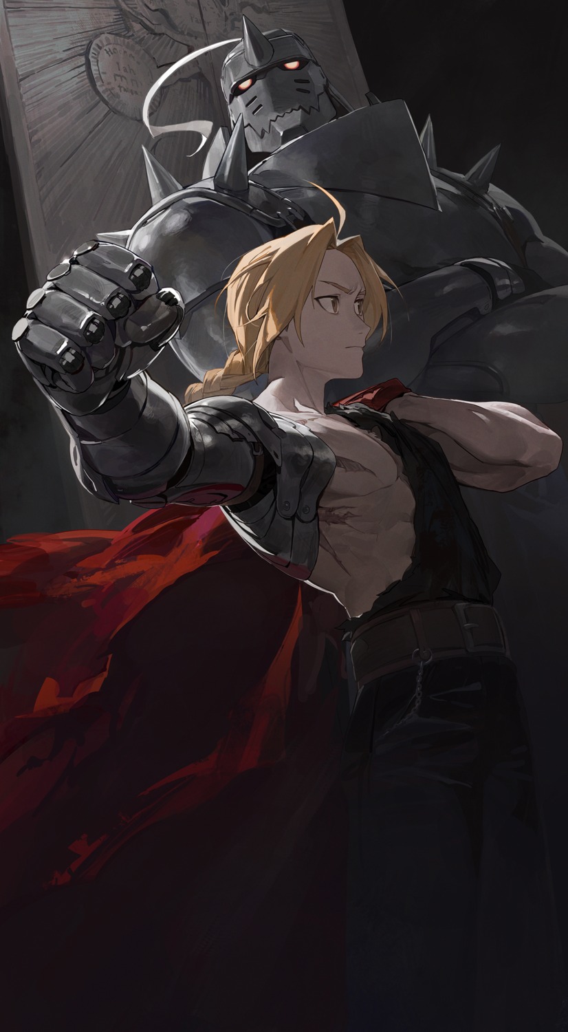 alphonse_elric, armor, edward_elric, fullmetal_alchemist, male, modare, torn_clothes