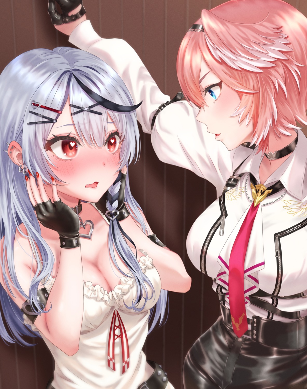cleavage, hololive, mary_is_mine, no_bra, sakamata_chloe, takane_lui, uniform, wings, yuri
