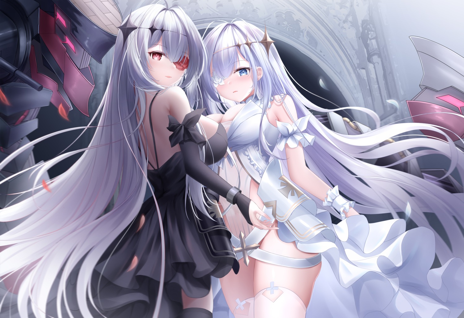 azur_lane, dress, emden_(azur_lane), eyepatch, leotard, no_bra, proverbs_zhenyan, see_through, thighhighs