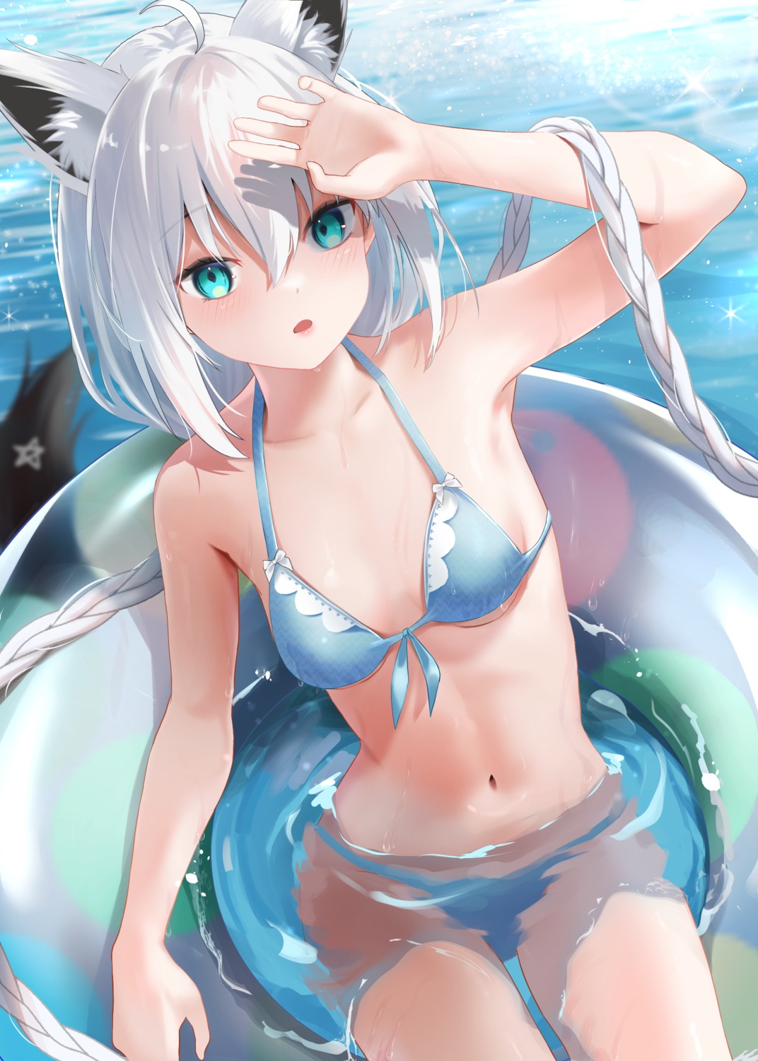 animal_ears, bikini, hololive, hololive_gamers, kitsune, miaohik, shirakami_fubuki, swimsuits, tail, wet
