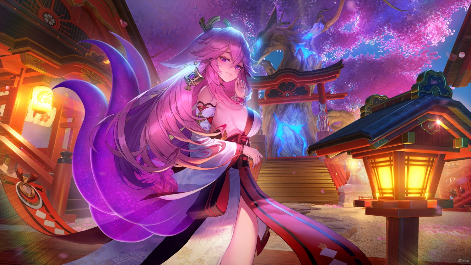 animal_ears, genshin_impact, japanese_clothes, kitsune, no_bra, osuti, tail, yae_miko