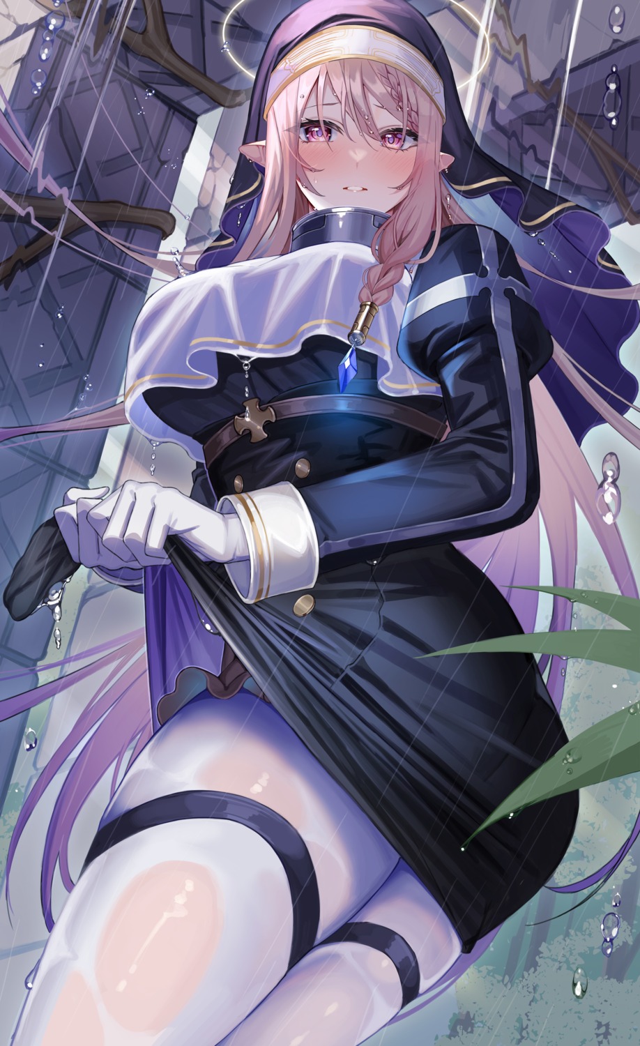 amahara_subaru, nun, pantyhose, pointy_ears, see_through, skirt_lift, thighhighs, wet
