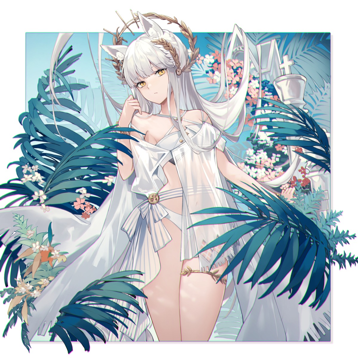 animal_ears, arknights, bikini, eminya_27, garter, platinum_(arknights), see_through, swimsuits