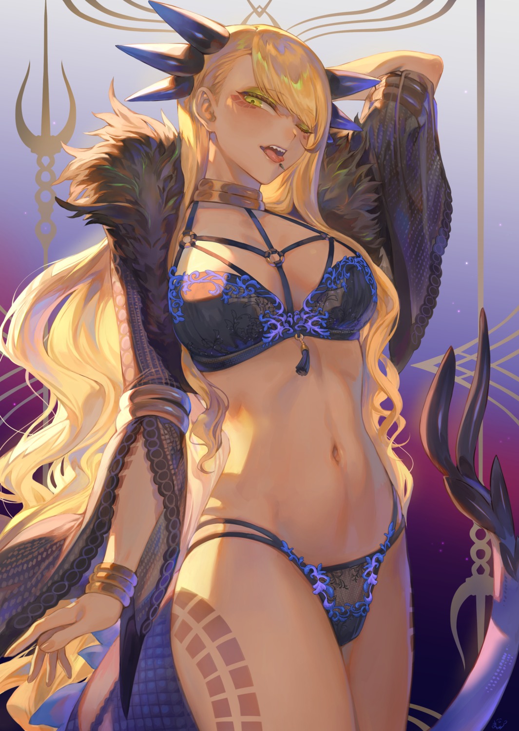 bra, cleavage, fate/grand_order, horns, mashu_(003), pantsu, tail, tattoo
