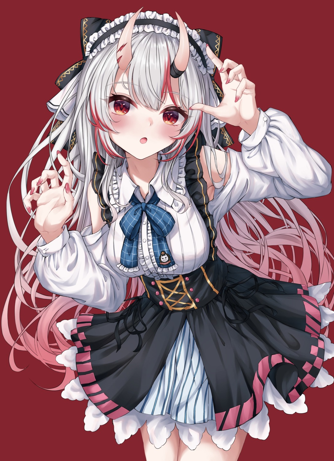 gothic_lolita, hololive, horns, karashi_(asarikarasi), lolita_fashion, nakiri_ayame, skirt_lift