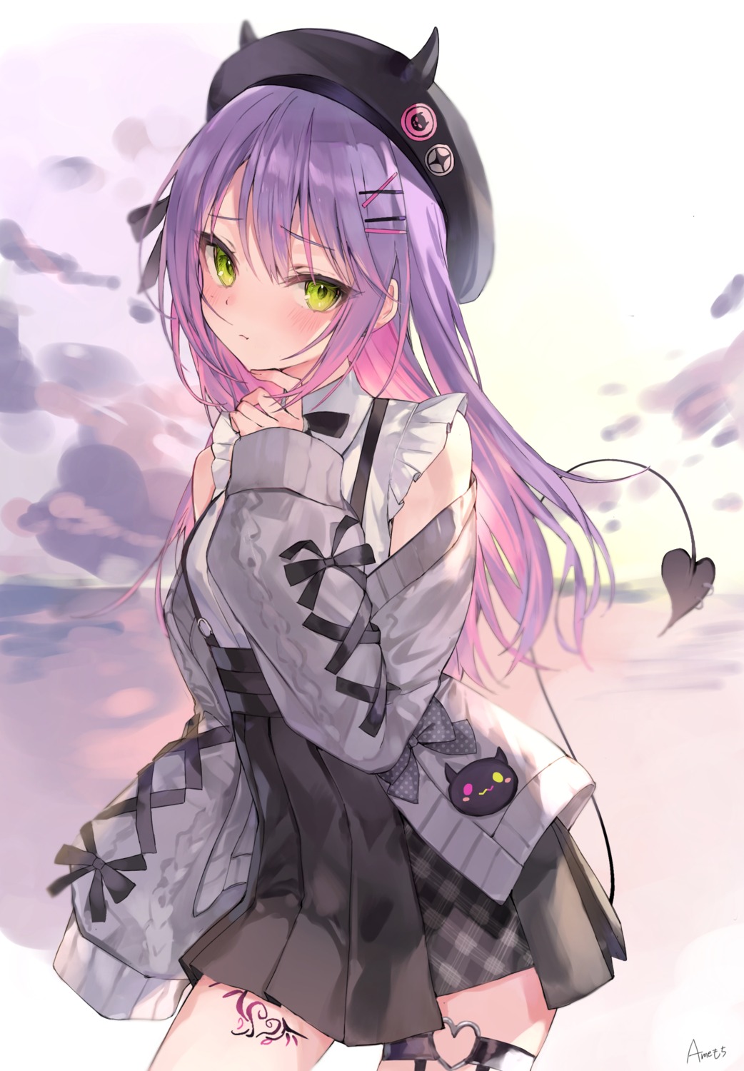 ame_929, garter, hololive, horns, sweater, tail, tattoo, tokoyami_towa