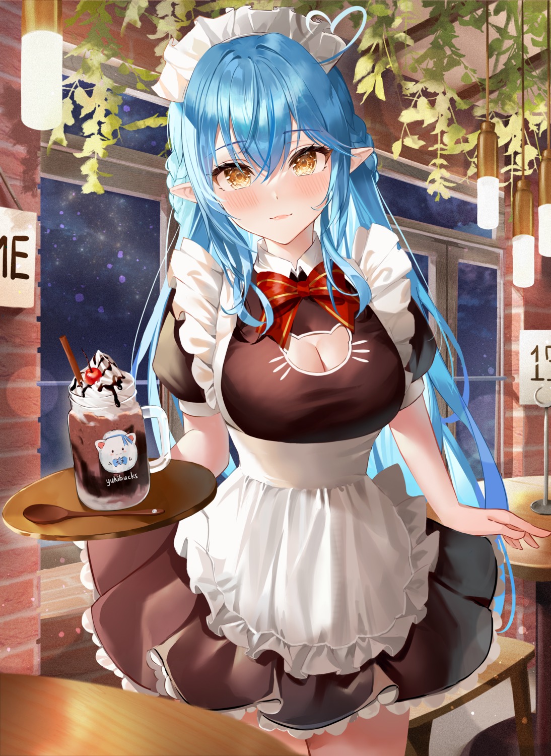 cleavage, elf, hao_827, hololive, maid, pointy_ears, waitress, yukihana_lamy