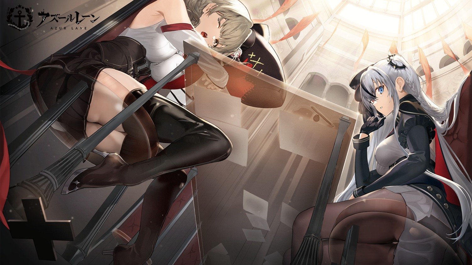 ass, azur_lane, elbing_(azur_lane), heels, heterochromia, luetzow_(azur_lane), pantyhose, shokuen, thighhighs, uniform