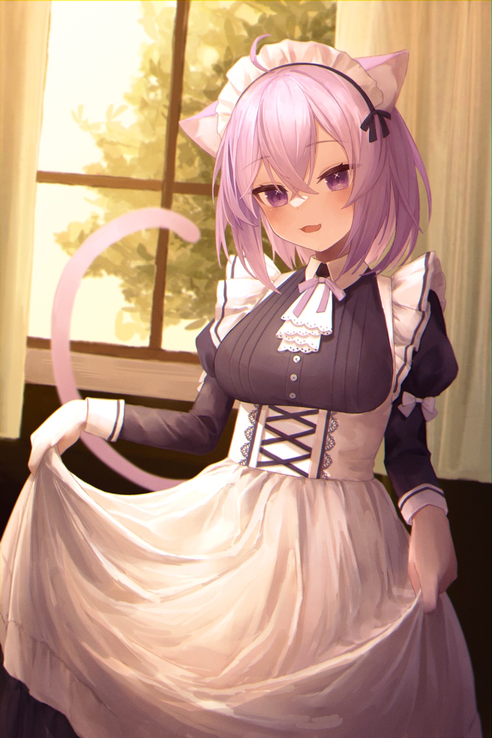 animal_ears, hololive, hololive_gamers, maid, nanome_to, nekomata_okayu, nekomimi, skirt_lift