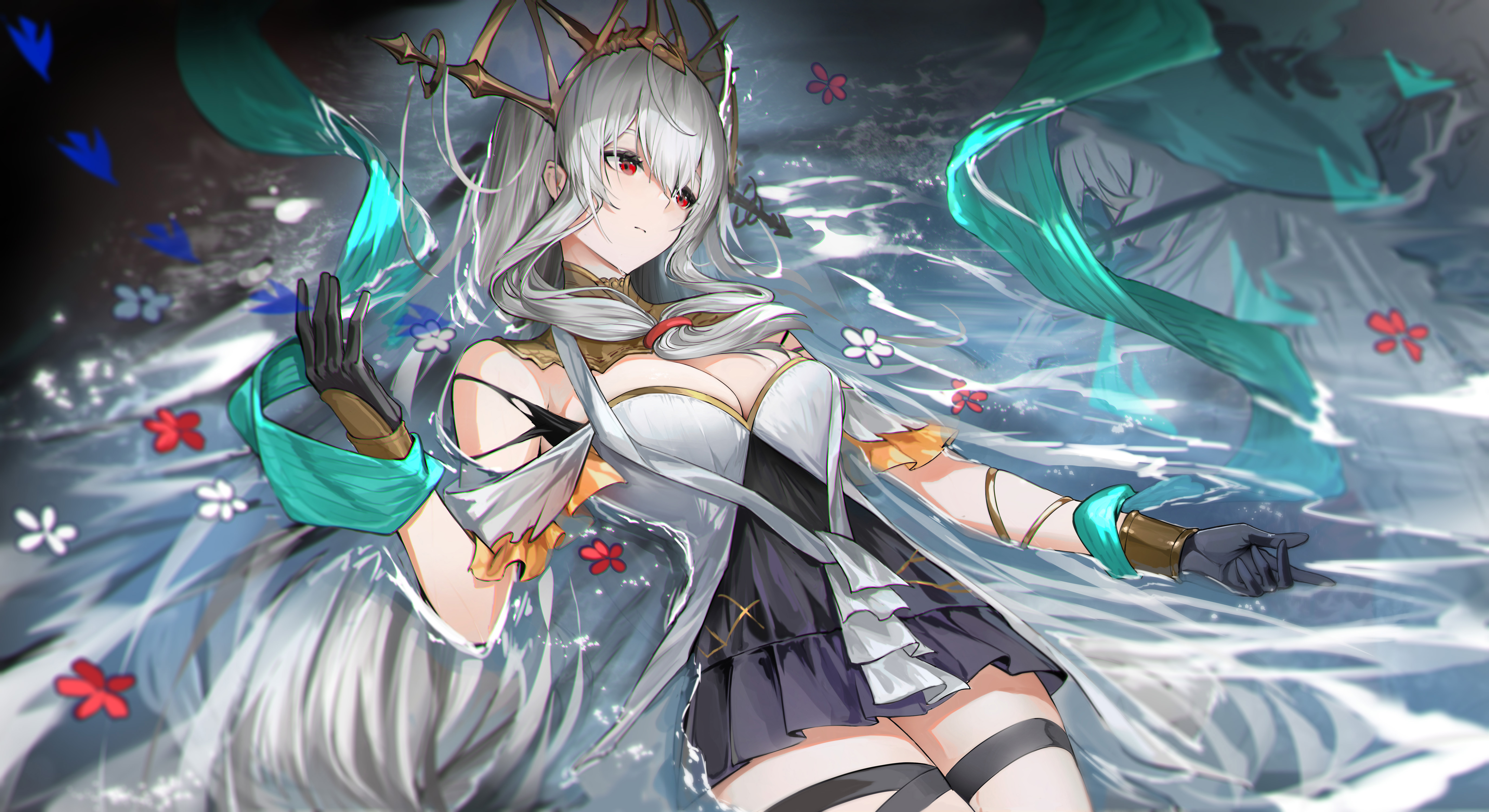 arknights, dress, garter, genera-x, no_bra, skadi_(arknights), torn_clothes, wet