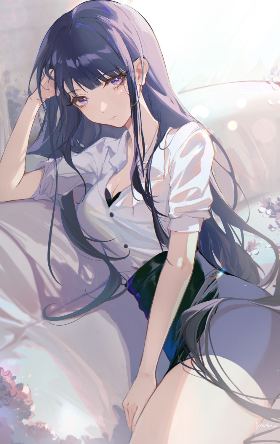 bra, cleavage, dress_shirt, genshin_impact, open_shirt, raiden_shogun, yutou75