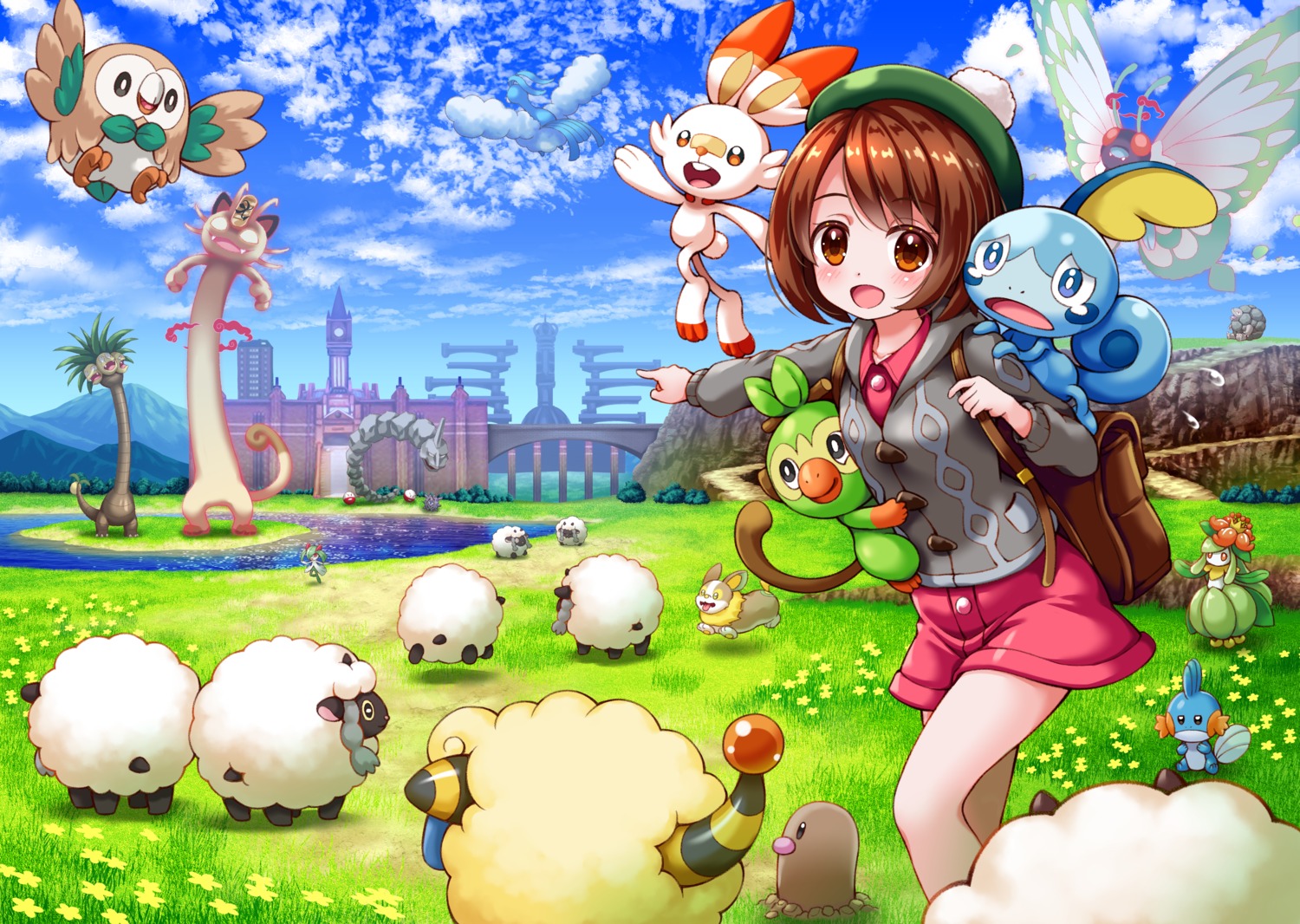 bluebird_(bluebird90), butterfree, diglett, dress, golem_(pokemon), grookey, kirlia_(pokemon), landscape