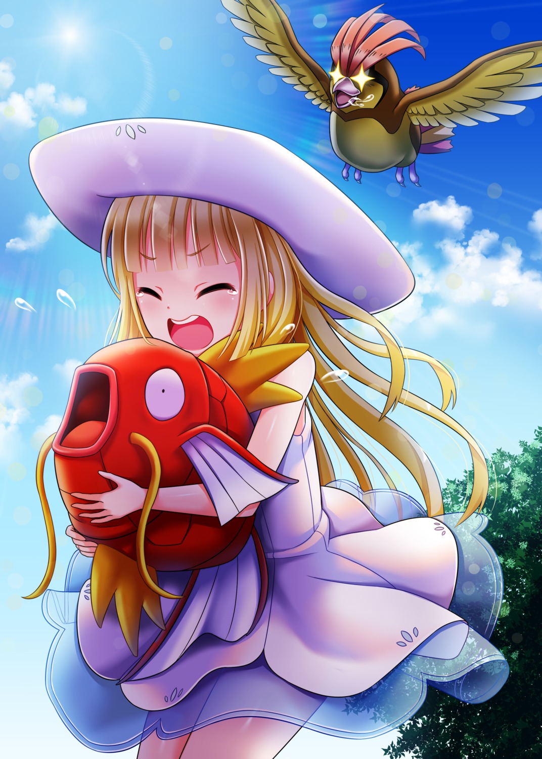 bluebird_(bluebird90), dress, lillie_(pokemon), magikarp, pidgeotto, pokemon, pokemon_sm, pokemon_usum