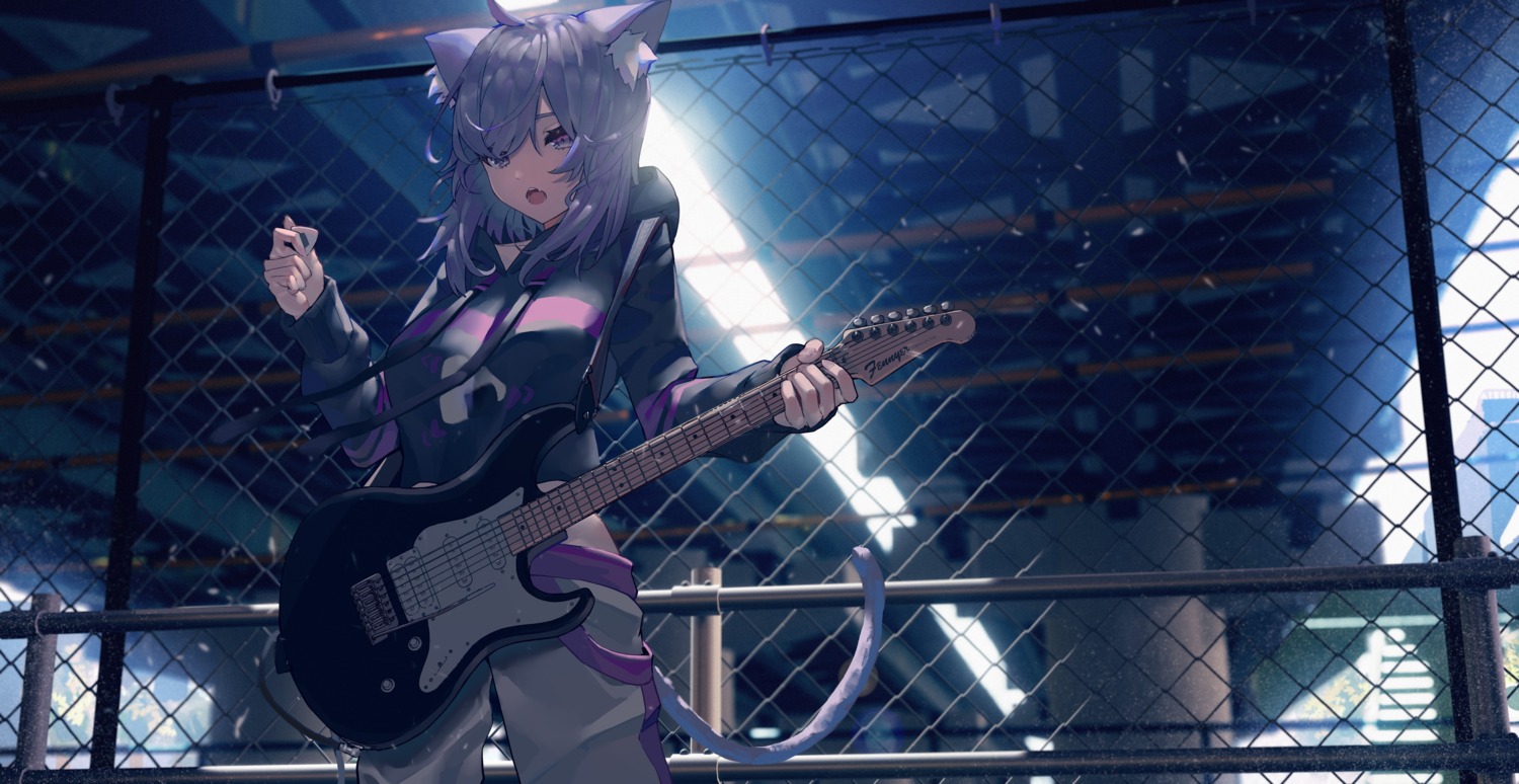 animal_ears, guitar, hololive, hololive_gamers, nekomata_okayu, nekomimi, susukawa_(susucawa), tail