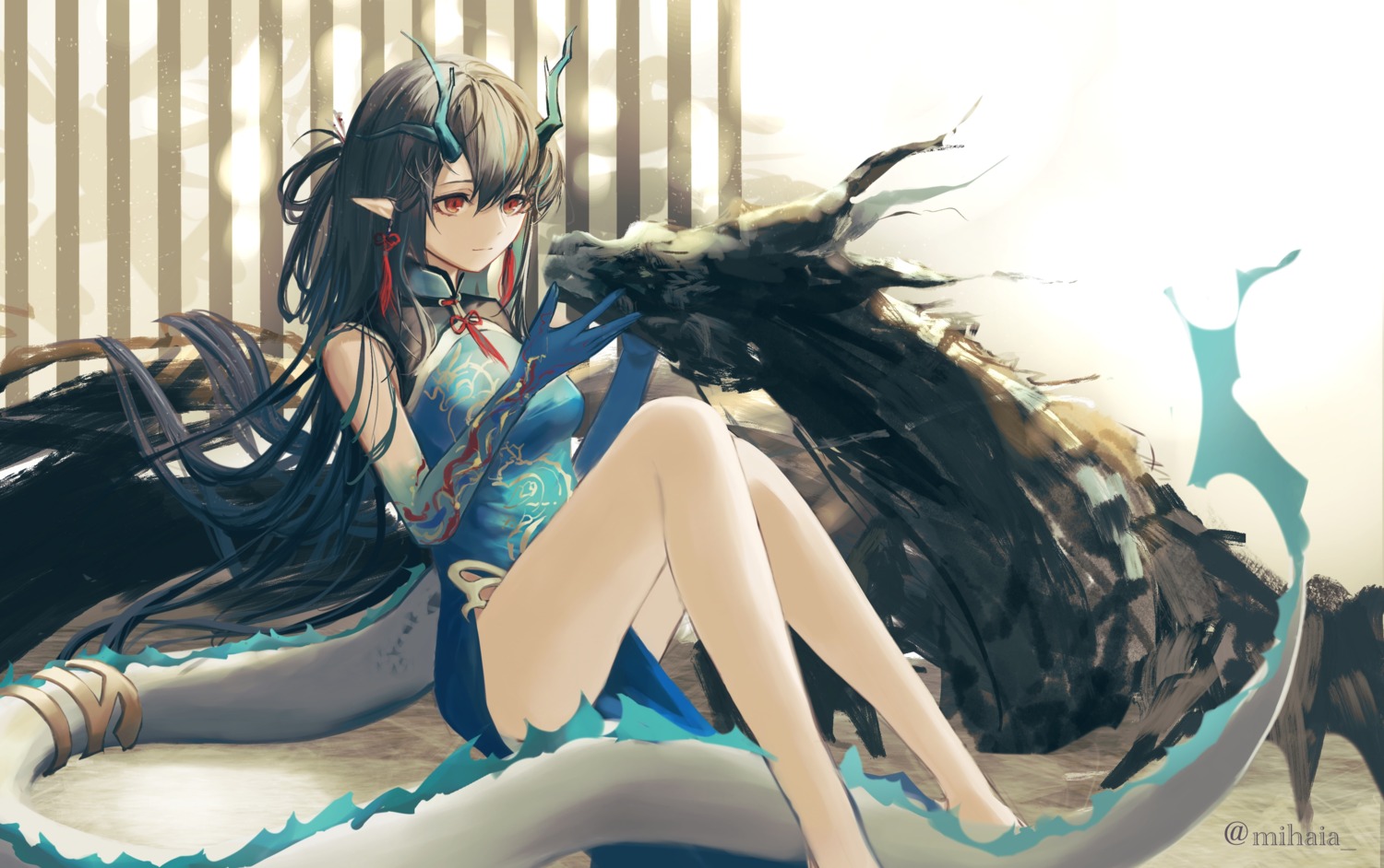 arknights, chinadress, dusk_(arknights), horns, mihaia, pointy_ears, tail