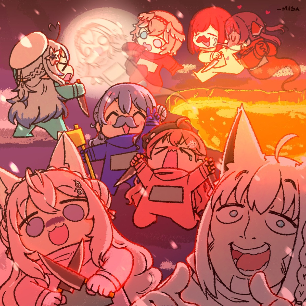 among_us, animal_ears, azki_(hololive), bodysuit, chibi, cosplay, crewmate_(among_us), elf