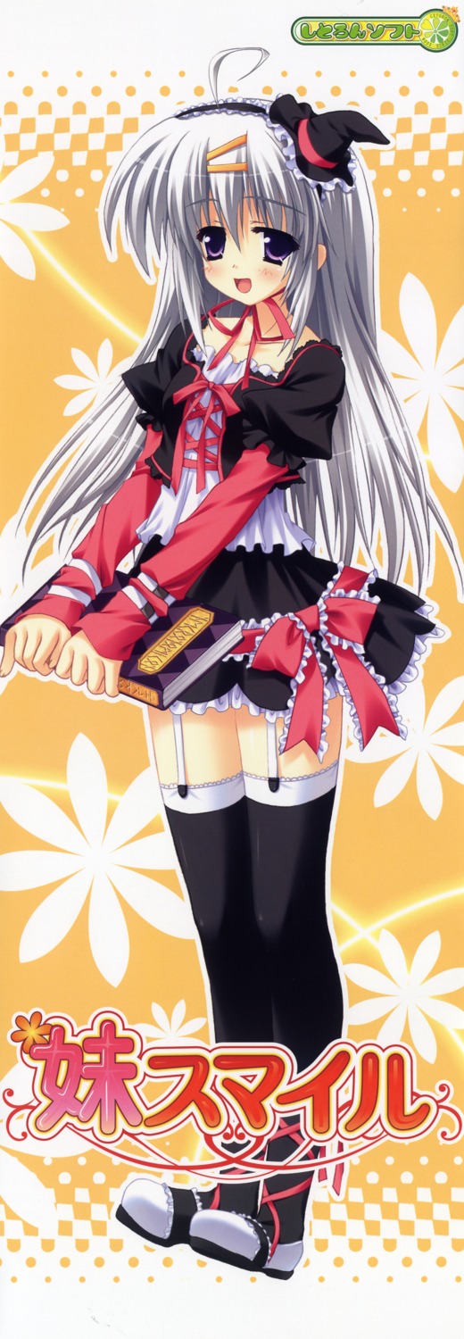 hinamatsuri_touko, imouto_smile, lolita_fashion, stick_poster, thighhighs, tsukino_koyomi