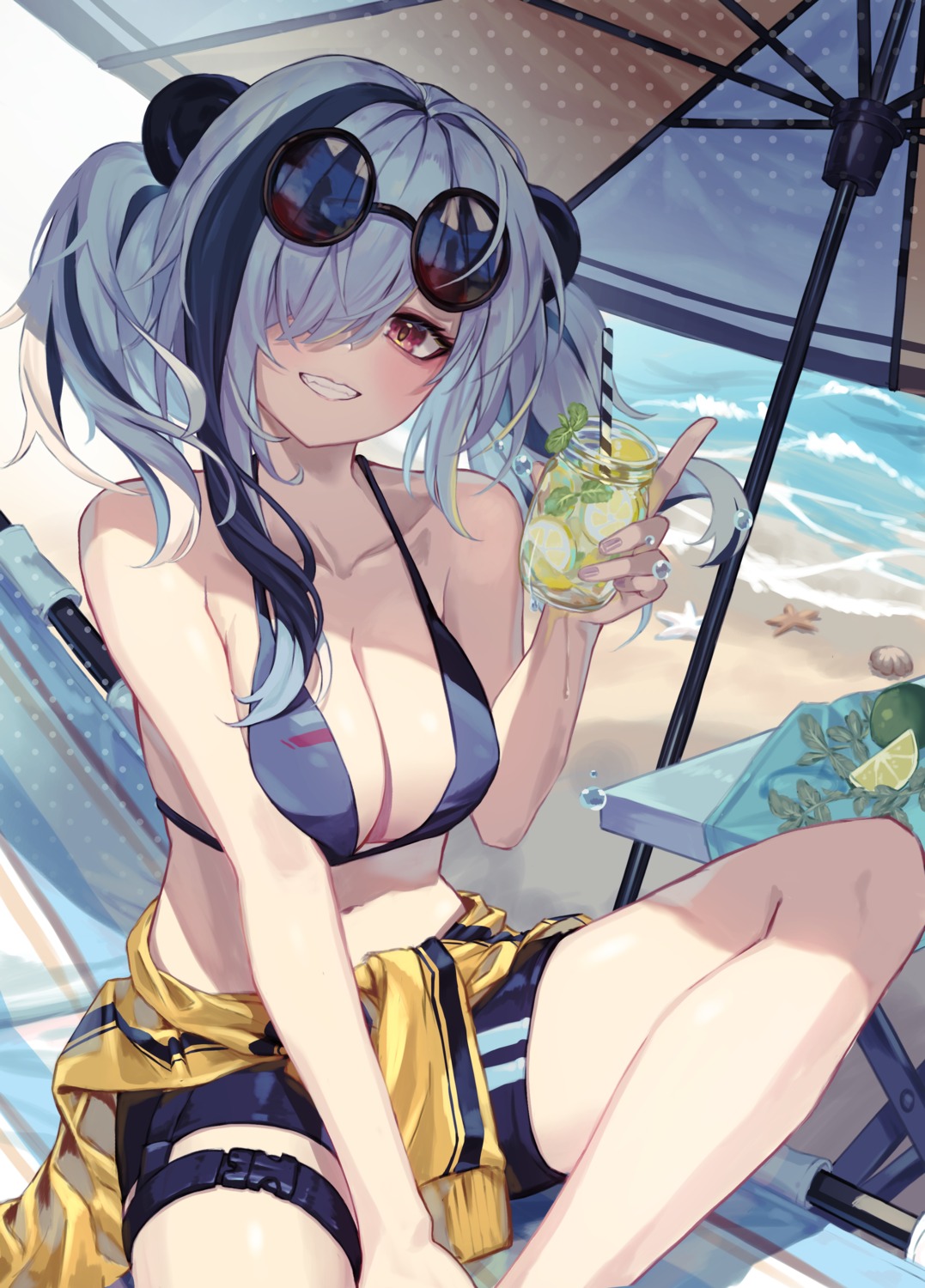 animal_ears, arknights, bike_shorts, bikini_top, feater_(arknights), garter, megane, roco_(rocoroco1115)