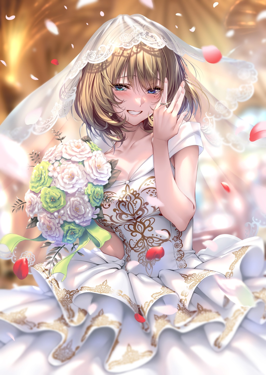 cleavage, dress, heterochromia, piromizu, takagaki_kaede, the_idolm@ster, the_idolm@ster_cinderella_girls, wedding_dress