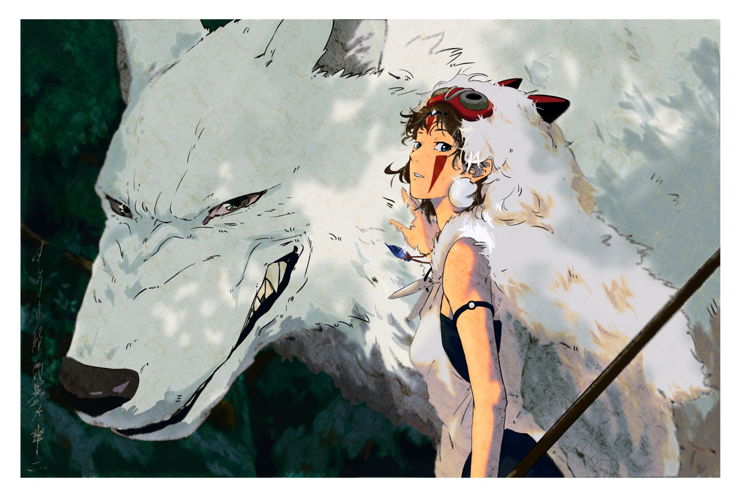 mononoke_hime, san_(mononoke_hime), tagme, tattoo, weapon