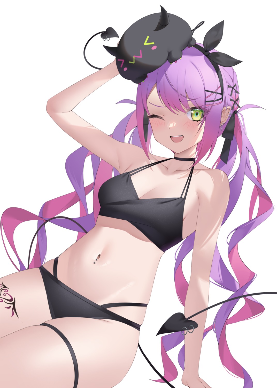 bikini, cleavage, garter, hololive, jmao, pointy_ears, swimsuits, tail