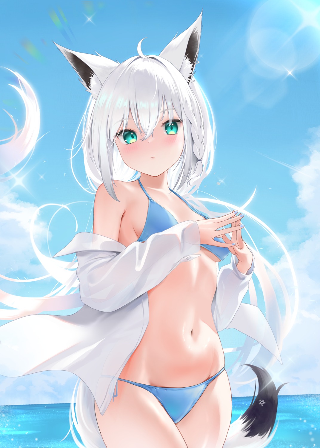 animal_ears, bikini, dress_shirt, hololive, hololive_gamers, kitsune, miaohik, open_shirt, see_through, shirakami_fubuki, swimsuits, tail