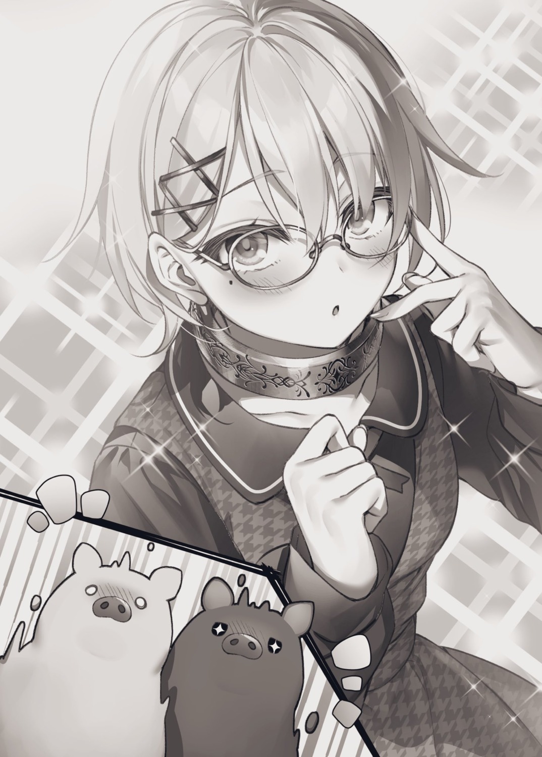 buta_(buta_no_liver_wa_kanetsu_shiro), buta_no_liver_wa_kanetsu_shiro, ceres_(buta_no_liver_wa_kanetsu_shiro), dress, megane, monochrome, toosaka_asagi