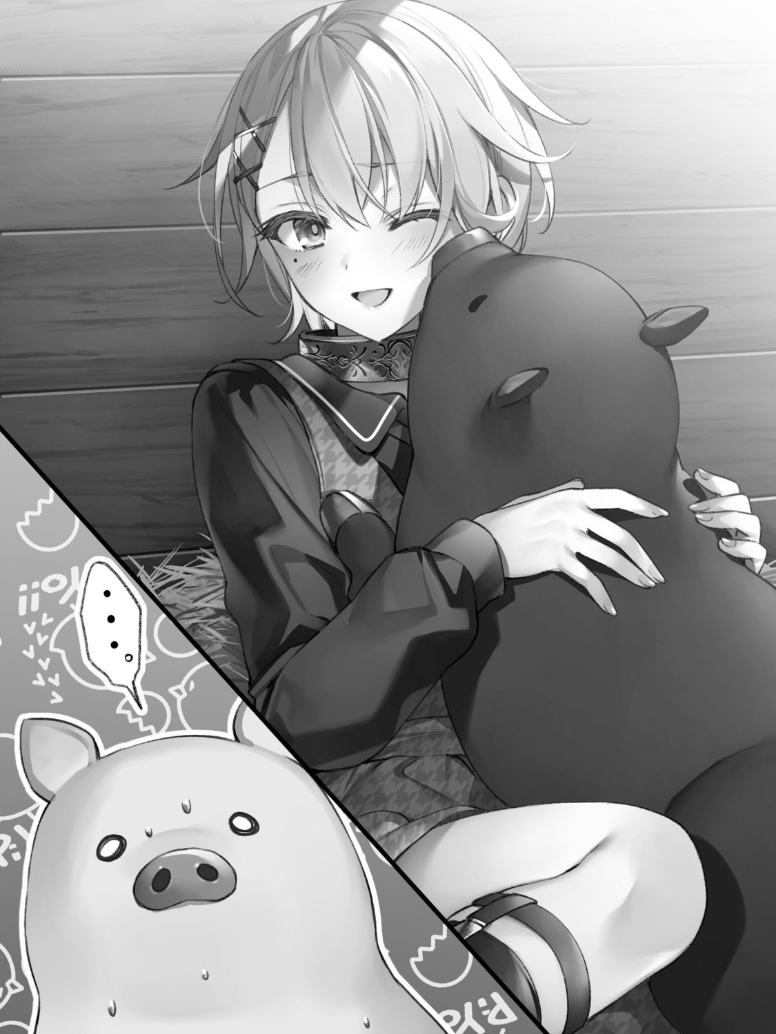 buta_(buta_no_liver_wa_kanetsu_shiro), buta_no_liver_wa_kanetsu_shiro, ceres_(buta_no_liver_wa_kanetsu_shiro), dress, monochrome, toosaka_asagi