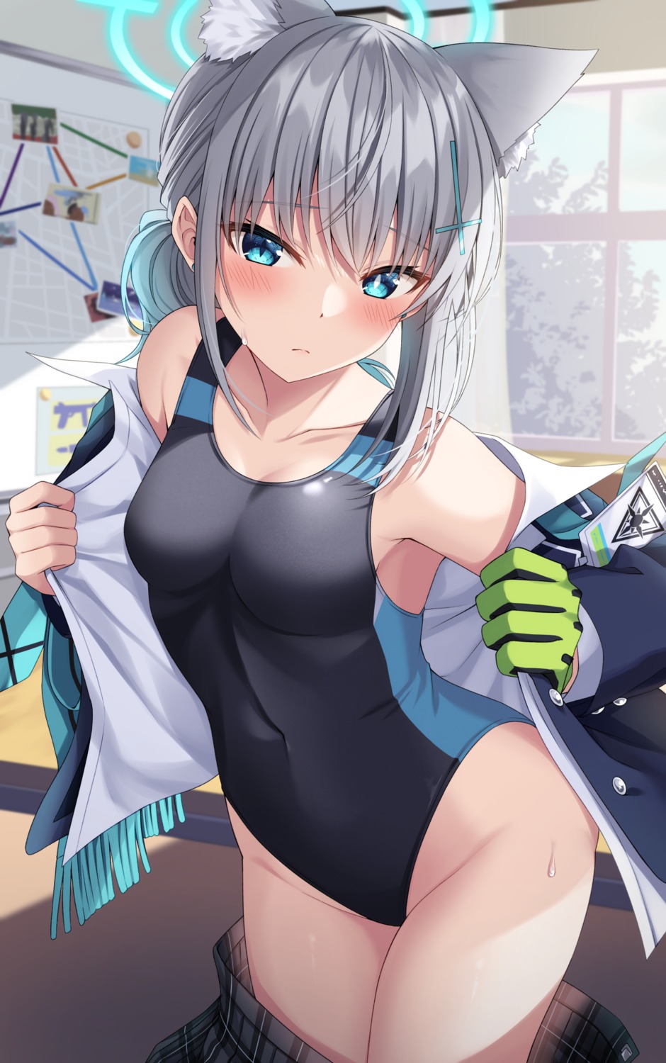 animal_ears, blue_archive, halo, komori_kuduyu, nekomimi, seifuku, sunaookami_shiroko, swimsuits, undressing